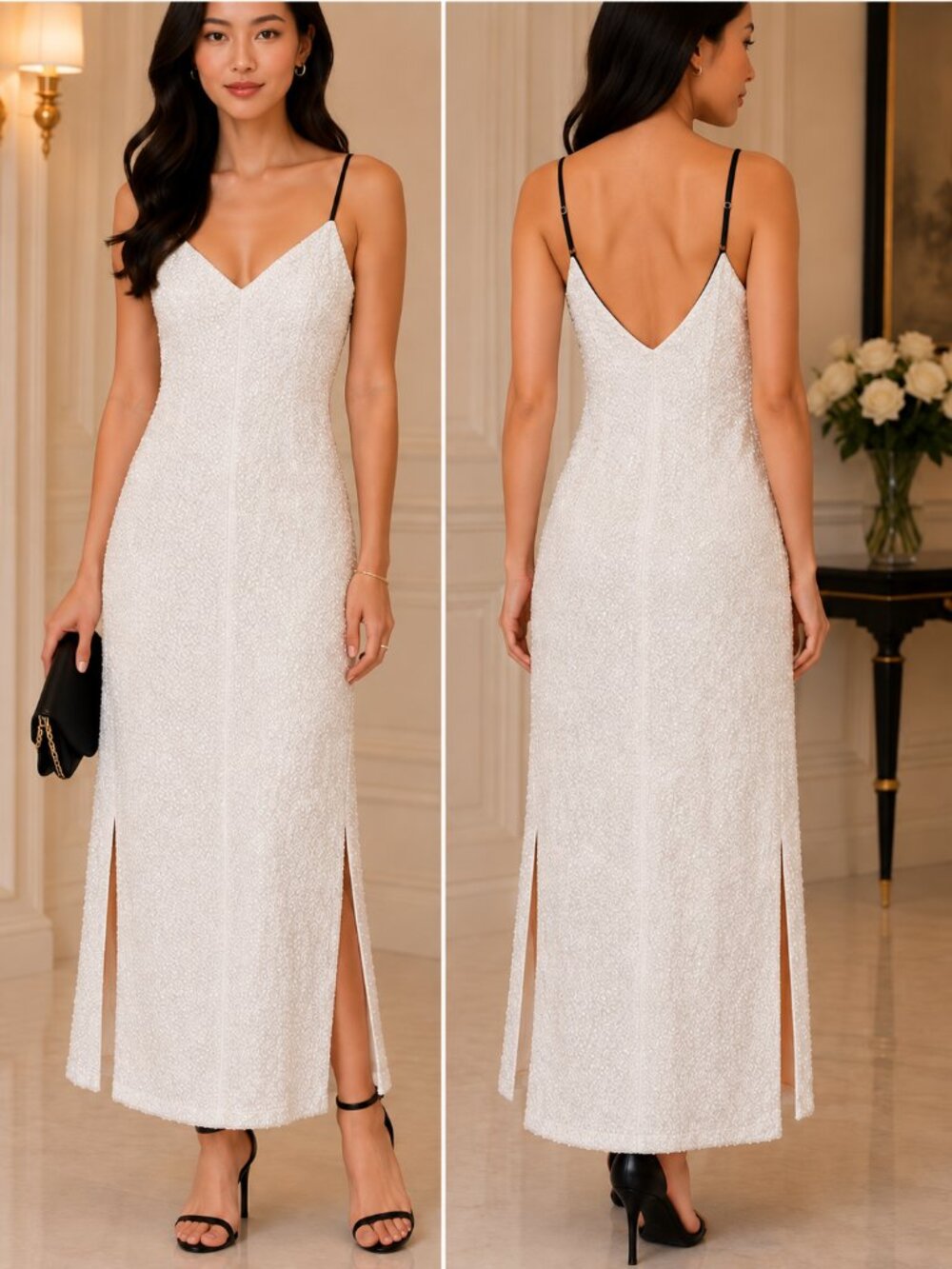 Zara NWT Ivory Sequin Maxi Dress XS Adjustable Straps Side Slits Party Evening